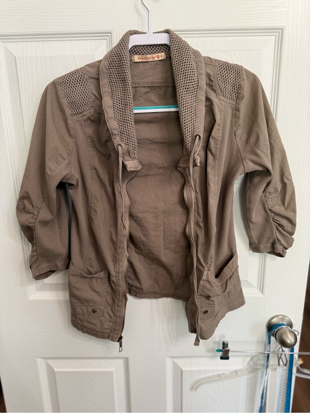 Wearables S Brown Mixed Media Utility Jacket Mesh Knit Ruched Y2K Boho
